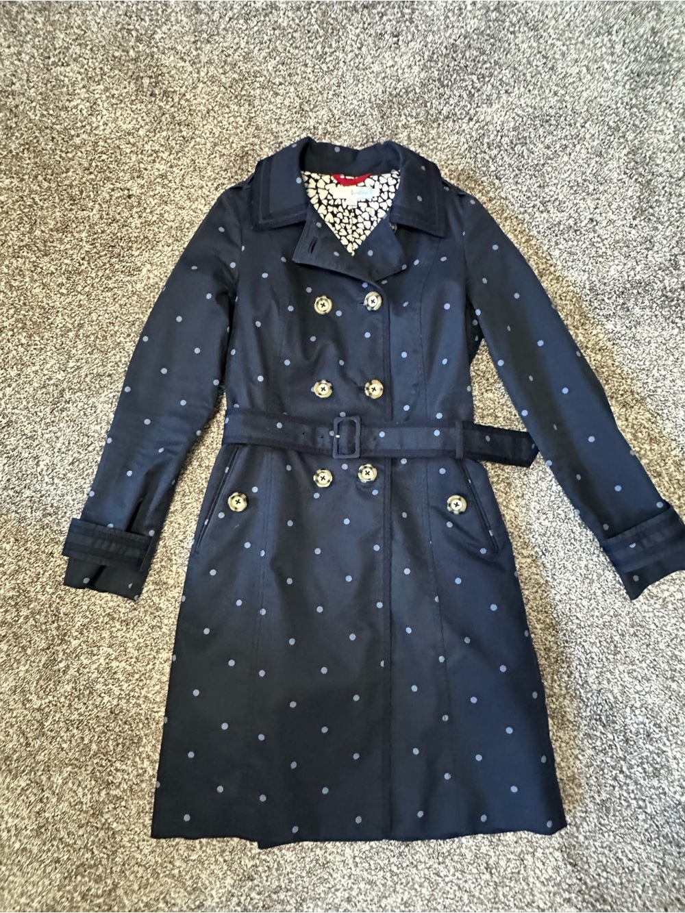 Boden Navy Polka Dot Trench Coat
